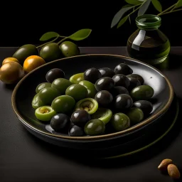 A plate of black olives and a plate of green olives?