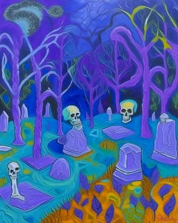 A purple graveyard with Halloween ghosts designed in Australian aboriginal art painted by Paul Gauguin