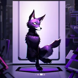 a fox fursona, darker colors, master quality, backlighting, soft lights, full body portrait, in frame, 8k, furry, fur, black and purple color pallet, robotic arm, cyberpunk, anthropomorphic, perfectly drawn face, animal legs, paws