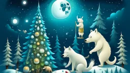 fantasy cartoon illustration: an Arctic fox, a reindeer, a polar bear, a rabbit are decorating a Christmas tree, beneath a full moon