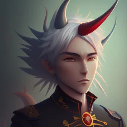 anime discord profile picture of man with short black hair AND red streaks, with dragon horns on top of his head, looking mischievous