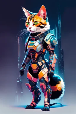 Ilustración lineal arte conceptual de un gato Calicó con armadura cyberpunk, full body, hiperdetallada, increíble obra de arte, colores complementarios, maximalista