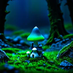 "Close up of a wonderful tiny Mushroom Tower home. indigo and green with bright white, deep black and contrasting tones of gray. Illuminated bioluminescent forest. Professional painter, master at composition. small but detailed. broken, blurred background, voluminous lighting"