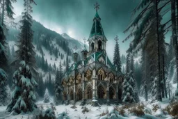 medieval cathedral in the snow covered mountain forest