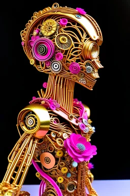 "AI, the Universe, and Everything"; is a pink gold metallic robot wearing a designer suit decorated with quilling found in nature such as feathers, foliage, flowers, and shells; Abstract art; Mixed Media; quilling