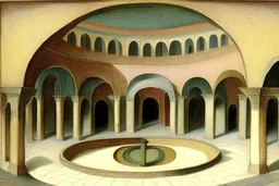 a round plaza, a Roman arcade with arches curved around it, by artist "Leonora Carrington"