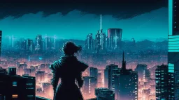 Clear Focus, High resolution, Cyberpunk skyline, comic style