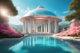 En premier plan des colonnes blanches d'un temple moderne avec un toit en forme de dôme à facettes en verre irisé, épuré, en premier plan des bassins d'eau turquoise, sur les cotés des les fleurs roses et blanches, au loin des collines boisées, le ciel est bleu intense avec un rayon de soleil qui éclaire la scène. Ambiance féerique et magique. Haute définition 8K . Il y a partout beaucoup d'étincelles de lumière qui volent partout.Couleurs lumineuses.