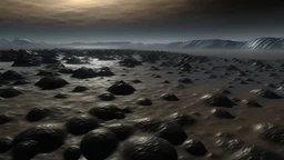 The shore of Lake Mercy on Pluto, littered with strange, crystalline formations, under a hazy, methane-rich sky, during a period of cryovolcanic activity.