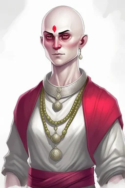 full length, gangly, 22-year old, shaved head, nordic looking grey-eyed female human cleric with a red necklace