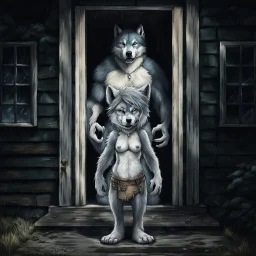 fantasy digital art of crying young female anthro wolf in gray hairy wolf body and wears just a short canvas rag around her waist , sadly face in the rain front the door, behind her an tall angry anthro dark hairy wolf man and kicks her out the door, behind in rustic halb open door in an massive wooden house, deep colors, rainy day, detailed, anthropomorphic creatures, fantasy, sci-fi mood