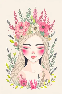 A simple, minimalistic art with mild colors, using Boho style, fairytale, floral crown