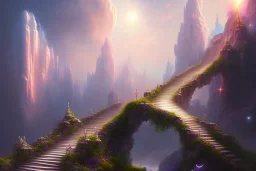 mystical long stairway up to heaven in the sky, atmospheric mist, beautiful colours, fine art, trending on artstation, masterpiece