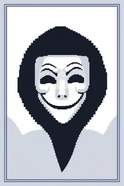 8 bit pixelart of a shadow figure with a white smooth wide smiling mask , noseless opera mask, no nose holes, no nose
