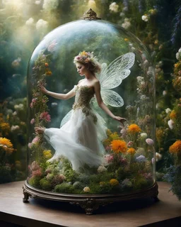 Gorgeous Photography Art Beautiful fairy girl fly in case glass box is an abstract concept that refers to a world made entirely of flowers or plants, often in a fantasy or mythical setting. The flower planet in this image appears to be a baroque world, with ornate spiral patterns and intricate designs.