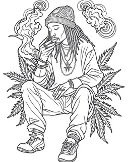 outline art for stoners coloring pages with A very simple and minimal design featuring A reggae-inspired scene with a Bob Marley-esque character playing music surrounded by smoke, white background, sketch style, fully body, only use outline, mandala style, clean line art, white background, no shadows and clear and well outlined