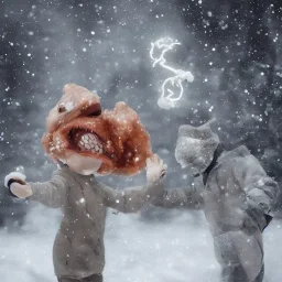 a photo of a friendly cute worm with a human face dancing in a snow storm and laughing with pleasure, highly detailed, realistic, unreal engine, hyper realistic, 100 mm, f / 4, 8k, tyndall effect, cinematic, ultra wide angle