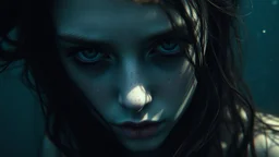 close up face shadow eyes, void, pain, hyper-realistic detail, floats in deep sea, Dark sea ten and in her hair, drils and shadow around, abyss, fog, Style crepy stunning, dark, surreal vibe underwater and meticulous detail clean pale skin and face. dark shadow and weird mood
