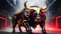 an advanced robot bull, with weapons, red led eyes, black color, golden horns, angry, in a bullring