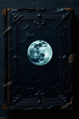 a high def picture of a battered dark grimoire made of shadow and magic, its cover is wispy and shifty. It as a symbol of a moon that glows in moonlight. It is magical in nature, not made from the material found in the world of the living.