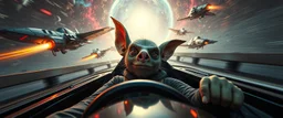 etheral astral weird perspective worried zoned out yoga legend race car racing with huge g force against spaceships going sideways in ramp driver close up portrait of dj magic kobold gremlin farmer pilot looking down on cam, with background in the style of escher and giger, a chill contrapunctus fugue in the style of fsol, beethoven,