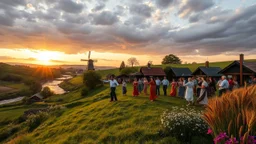 group of people are dancing in a national celebration in a village over high grassy hills,a small fall and river and wild flowers at river sides, trees houses ,next to Ripe wheat ready for harvest farm,windmill ,a few village local shops .people are dancing in a national celebration,cloudy sun set sky,a few village local shops