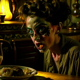 Strong texture, photorealism, Caravaggio, Egon Schiele. Intricate patterns, hypermaximalist. Photo made of inside house, an eerily mysterious, hidden and odd person is eating, a witchy house, sober style, pastel colors. Movie shot, spooky. Sinister scribbles, 33mm photography. Beasts