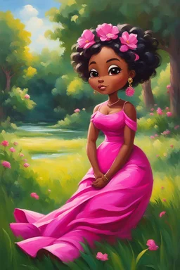 In this expressive oil painting, we encounter a delightful chibi black cartoon character, radiating charm and elegance. She sits relaxed on the lush green grass, basking in the warmth of the sunlight that envelops her. Her curvaceous figure is adorned in a stunning hot pink maxi dress, the vibrant color accentuating her vivacious personality. The centerpiece of the character is her voluminous tight curly afro of black hair, meticulously detailed with each curl lovingly rendered. The curls casca