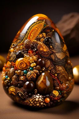 A brown mountain with amber stones designed in African masks painted by Gustav Klimt