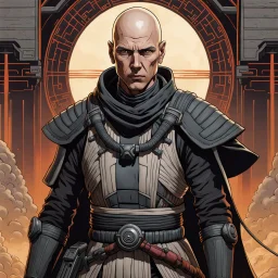 a bold and heroic bald male Corellian pilot in black and grey First Order special forces gear meets a female Jedi Master in ancient, mystical temple, hyperdetailed, dynamic lighting, hyperdetailed background, 8k resolution, volumetric lighting, light skin, fully symmetric details