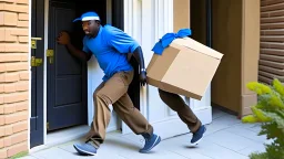 suspiciously looking Tyrone sneaking away with small delivered package from apartment mailroom