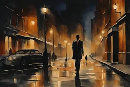 Create a watercolor painting capturing a late-night scene on a dimly lit street. The focus is on a man dressed in an elegantly tailored suit, walking with poise and a sense of purpose. His figure is partially illuminated by the soft glow of distant street lamps, casting long shadows on the wet pavement beneath his feet. The street is otherwise shrouded in the deep blues and blacks of the night, with a hint of mist adding to the atmosphere of solitude and introspection.