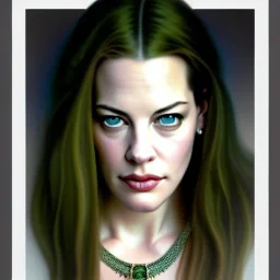 Epic Drawing of a Photorealistic dramatic hyperrealistic Liv Tyler,Crystal green eyes , elegant, with emerarld necklace, by WLOP, Artgerm ,Greg Rutkowski, Alphonse Mucha, Sandro Boticcelli, Gustav Klimt ,Beautiful ,busty, dynamic,shadows,Artstation,concept design art,Octane render,8K