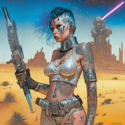 Una mujer cyberpunk con tatuajes fittnes en armadura plateada futurista en un estilo de comic de 1980 en un wasteland en montevideo con una sable de luz tipo star wars. En el desierto, pintado al oleo.