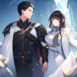 Girl with white hair wearing white robes. Boy with black hair wearing leather armor