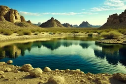 lagoon, rocks, distant mountains, arid land, desert, pond, rocks, distant city, epic