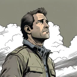 man, chevy chase, looking at the sky, looking serious, comic book, post-apocalypse, grey background, illustration,