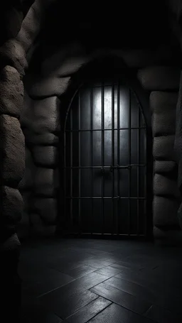 Inside of a dark dungeon with grey stone floor and a heavy steel door. the only light comes from a small barred window high on the wall. Dark fantasy. gothic. photorealistic. 4k