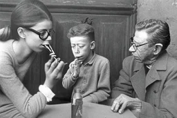 a photo of child-like Simone de Beauvoir and child-like Jean-Paul Sartre meeting child-like Che Guevara who is lighting a cigar for child-like Jean-Paul Sartre