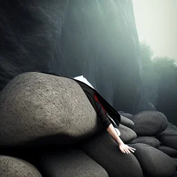 black-robed man sleeping on his back on a stone slab in a large cave