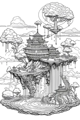 Illustrate a small house on a floating island in the sky. Include waterfalls cascading off the sides and a bridge connecting it to another floating landmass coloring pages for adults ar: 8.5 100