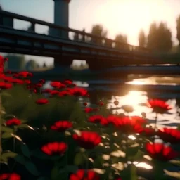 Vista lateral de un puente sobre un arroyo, flores rojas en la orilla, anochecer en tonos azulados, sombras brillantes, Fujifilm, 4k, hiperrealismo