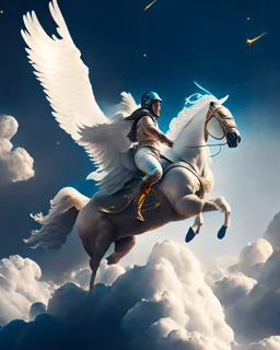 Icarus man riding a horse with wings clouds clear weather hyper-detailed conceptual artwork perfect 8k