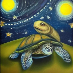 Oil painting turtle and moon and starry sky