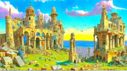 Destroyed City, medieval ruins, debris, stone, breched, brocken, Perspektiv from the sky, by Jean-Baptiste Monge, Ivan Bilibin, Albert Bierstadt, Reza Badrossama, watercolor, intricate details, fantasy, beautiful, oil on canvas, award winning, imperial colours, fantastic view, radient colours, very attractive, crisp quality