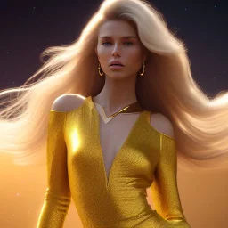 beautiful cosmic golden male, long hair, nice smiling, delicate colors, beautiful glamour galactic golden dress, ultra sharp focus, 8k, unreal engine 5, extremely sharp detail, light effect, soft light atmosphere of a spaceship, smooth, full of details, face in front, complete vision of face and body