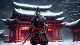 Hyper Realistic handsome-muscular-samurai training outside a Dark-Abandoned-Red-Colored-detailed-crafted-Chinese-Temple Almost Covered in Snow at dark-snowfall-night