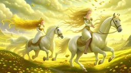 Fantasy digital art: fairies with golden hair, and white dresses descend from fluffy clouds towards a meadow with brown horses