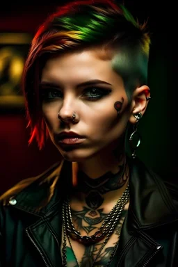 Beautiful young punk woman, , tatoos, Face tatoos, Punk jewels, Dark red short punk hair, leather jacket, chains, realistic, green detailed eyes.