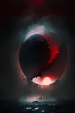 First Quarter of Blood Moon in center surrounded by a black mist, digital art